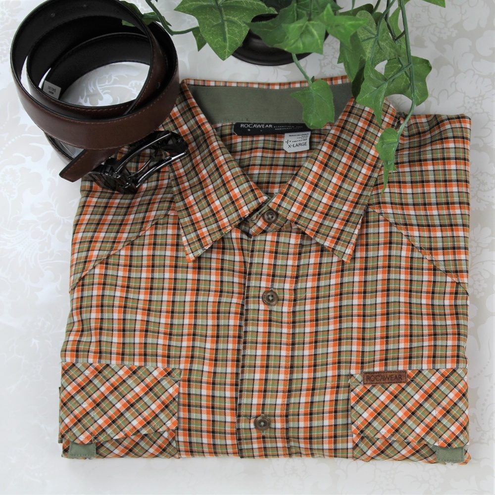 Roca Wear Orange Green Plaid Longsleeve Shirt XL